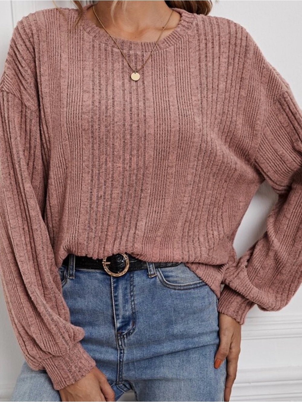 Ribbed Crewneck Sweater - Dusty Rose